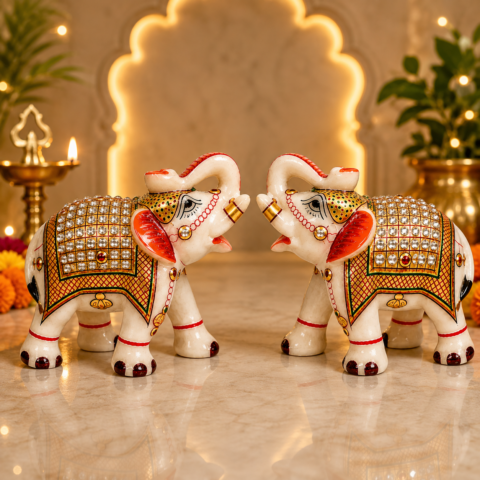 Hand-Painted Marble Elephant Sculpture Pair - Vastu Lucky Elephant Showpiece