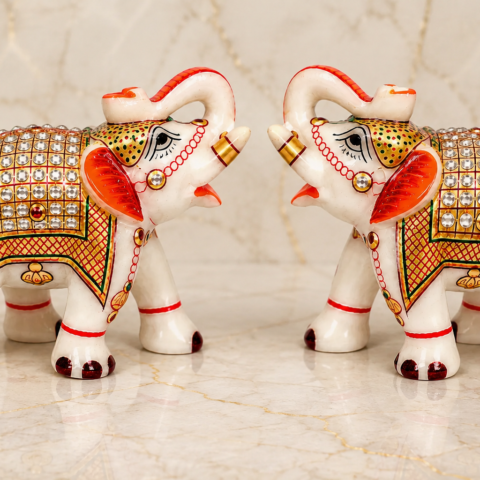 Hand-Painted Marble Elephant Sculpture Pair - Vastu Lucky Elephant Showpiece