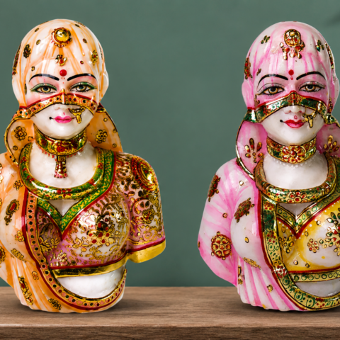 Hand-Painted Marble Lady Bust - Traditional Indian Art Sculpture for Home Decor