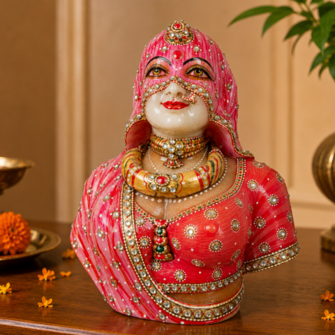 Hand-Painted Marble Lady Bust - Traditional Indian Art Sculpture for Home Decor